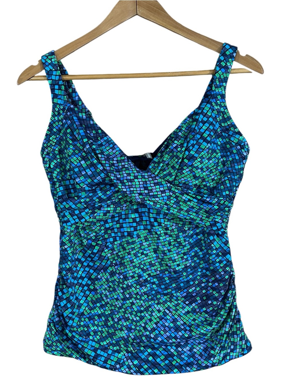 Lands' End Blue and Green Mosaic Underwire Tankini Swimsuit Top SIZE 10 D